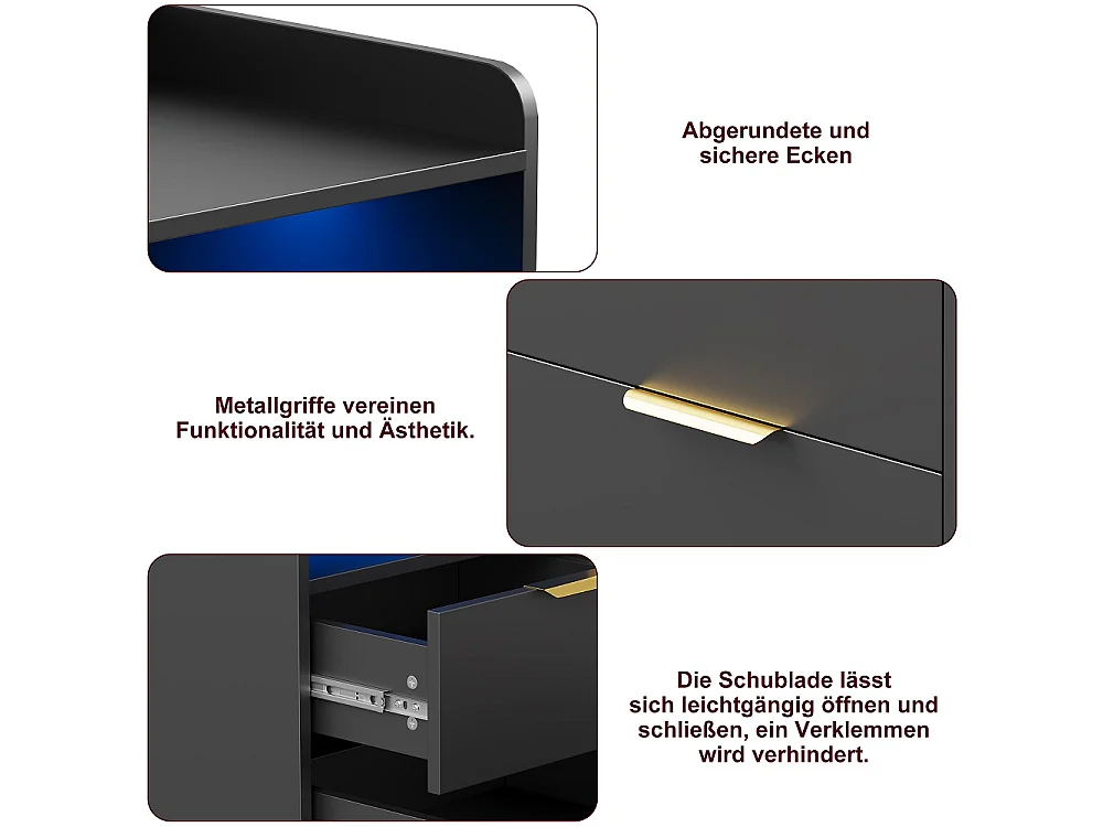 Table de nuit avec lumière LED RVB et station de charge - 2 tiroirs Table de lit avec compartiment ouvert - Cabinet de lit pour la chambre Salon - Noir