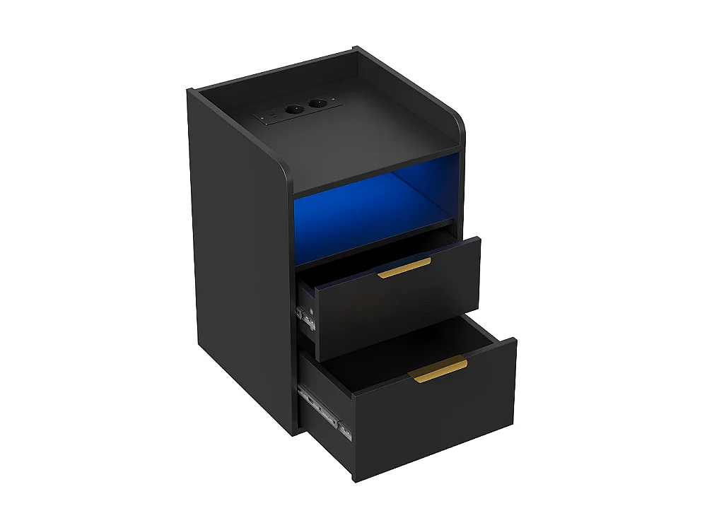 Table de nuit avec lumière LED RVB et station de charge - 2 tiroirs Table de lit avec compartiment ouvert - Cabinet de lit pour la chambre Salon - Noir