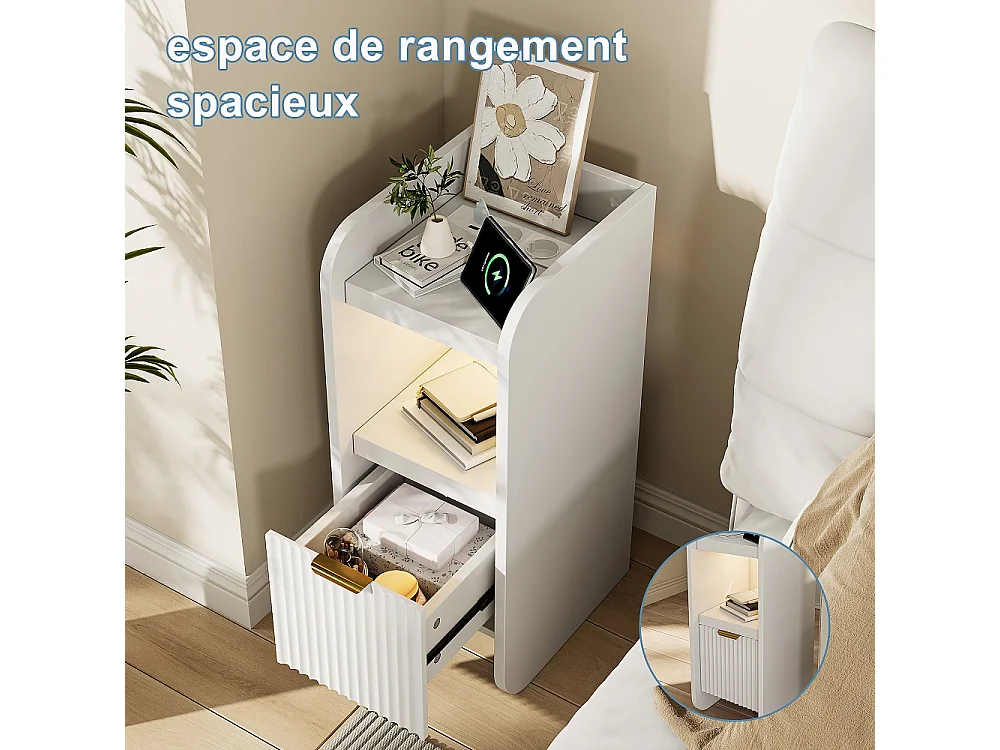 Nightstand stretto con luce a LED - 2 pezzi Armadio di stoccaggio con stazione di ricarica e cassetto - comodino sottile per piccoli spazi - bianco