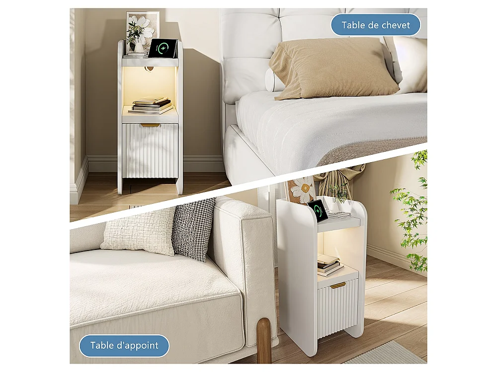Nightstand stretto con luce a LED - 2 pezzi Armadio di stoccaggio con stazione di ricarica e cassetto - comodino sottile per piccoli spazi - bianco