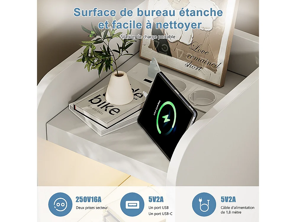 Nightstand stretto con luce a LED - 2 pezzi Armadio di stoccaggio con stazione di ricarica e cassetto - comodino sottile per piccoli spazi - bianco