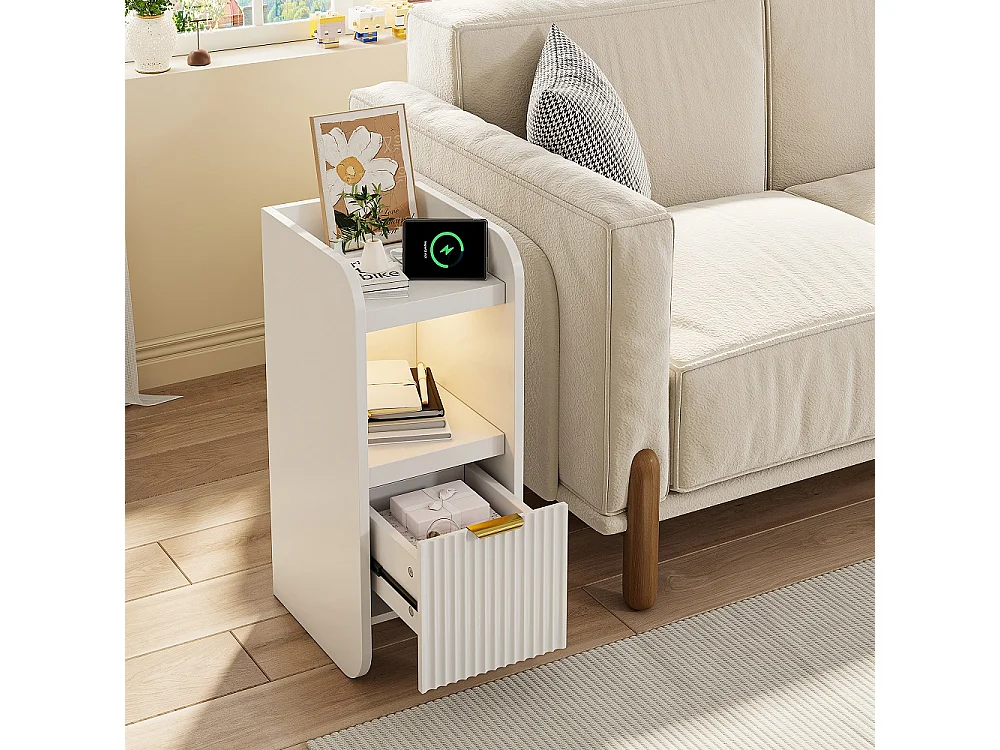 Nightstand stretto con luce a LED - 2 pezzi Armadio di stoccaggio con stazione di ricarica e cassetto - comodino sottile per piccoli spazi - bianco