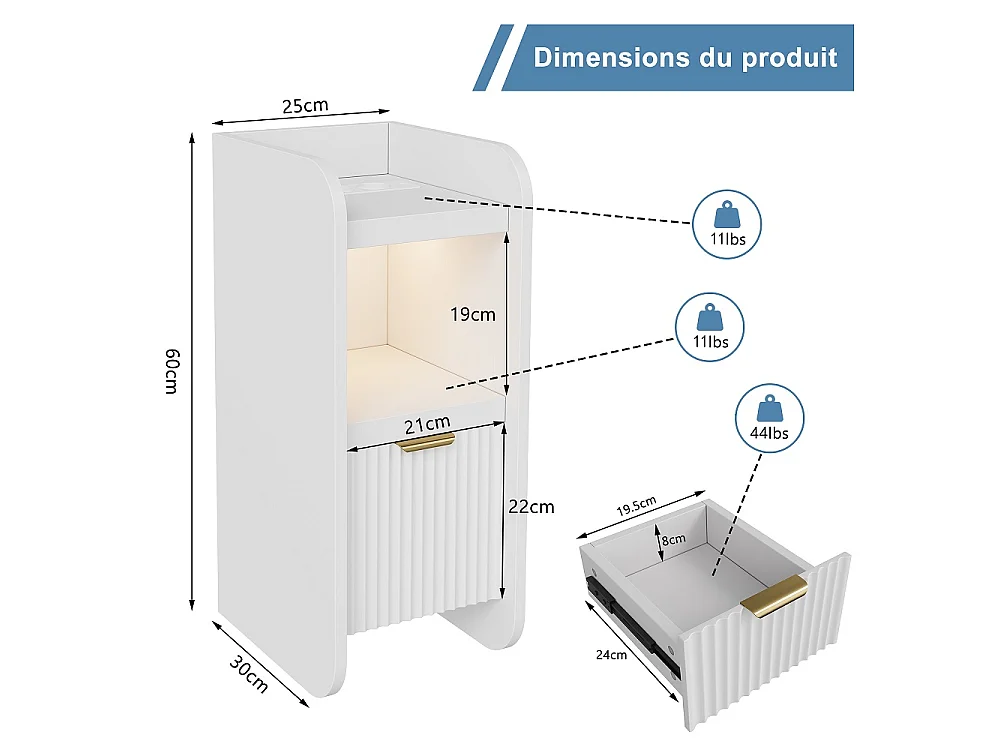 Nightstand stretto con luce a LED - 2 pezzi Armadio di stoccaggio con stazione di ricarica e cassetto - comodino sottile per piccoli spazi - bianco