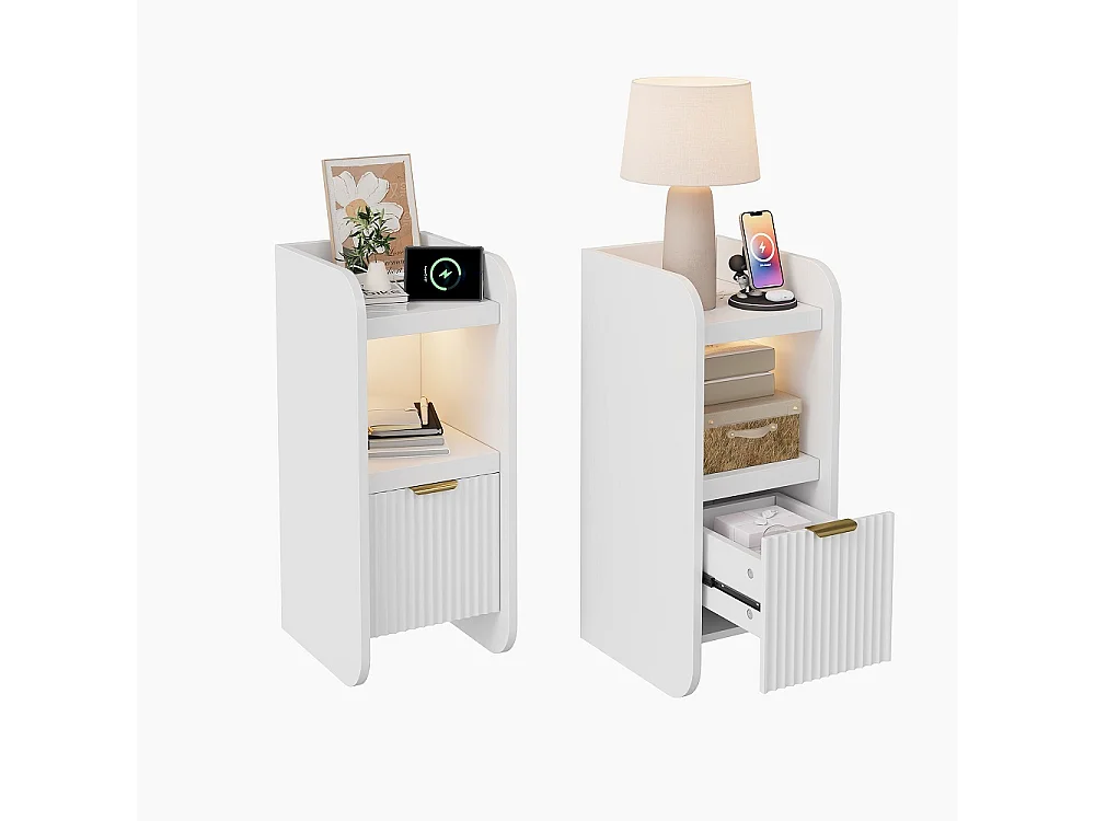 Nightstand stretto con luce a LED - 2 pezzi Armadio di stoccaggio con stazione di ricarica e cassetto - comodino sottile per piccoli spazi - bianco