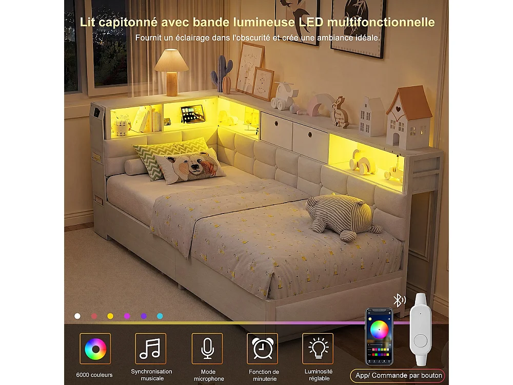 Lit d’angle en forme de L 90 × 200 cm - Cadre de lit de rangement avec LED & station de charge & 2 tiroirs roulants & 2 boîtes de rangement en tissu - blanc