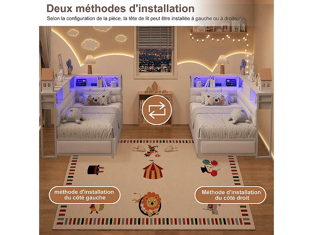 Lit d’angle en forme de L 90 × 200 cm - Cadre de lit de rangement avec LED & station de charge & 2 tiroirs roulants & 2 boîtes de rangement en tissu - blanc