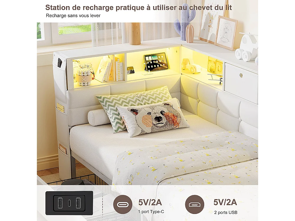 Lit d’angle en forme de L 90 × 200 cm - Cadre de lit de rangement avec LED & station de charge & 2 tiroirs roulants & 2 boîtes de rangement en tissu - blanc