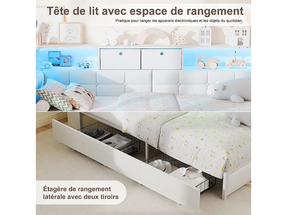 Lit d’angle en forme de L 90 × 200 cm - Cadre de lit de rangement avec LED & station de charge & 2 tiroirs roulants & 2 boîtes de rangement en tissu - blanc