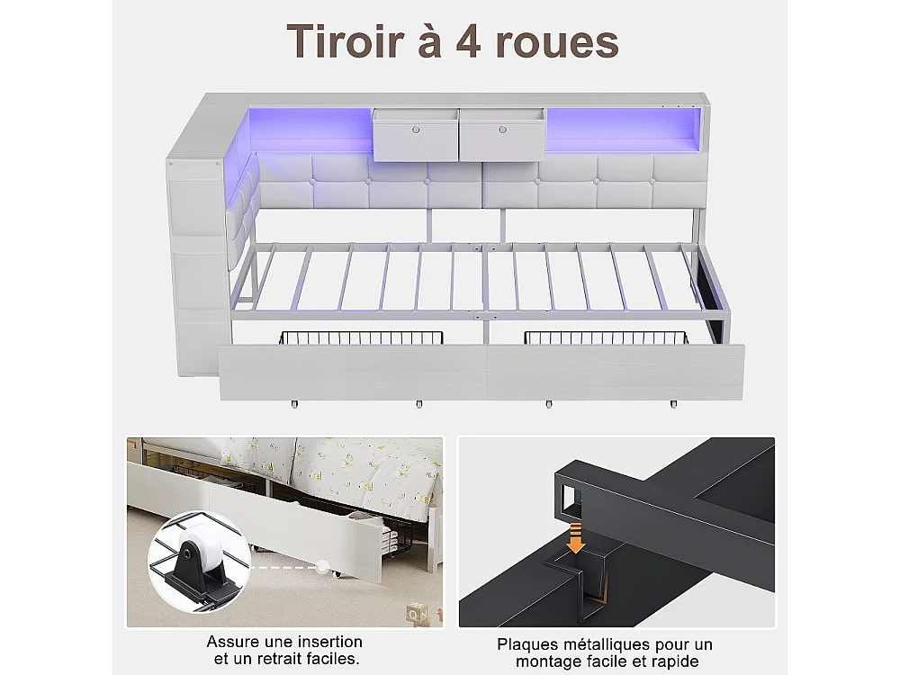 Lit d’angle en forme de L 90 × 200 cm - Cadre de lit de rangement avec LED & station de charge & 2 tiroirs roulants & 2 boîtes de rangement en tissu - blanc