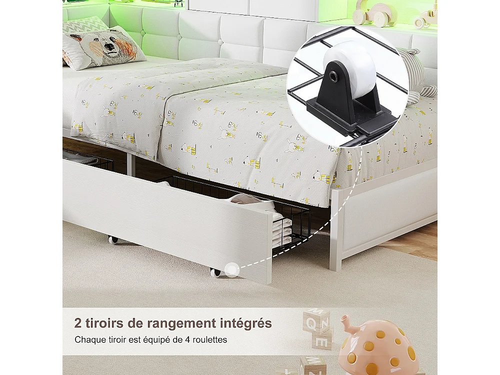 Lit d’angle en forme de L 90 × 200 cm - Cadre de lit de rangement avec LED & station de charge & 2 tiroirs roulants & 2 boîtes de rangement en tissu - blanc