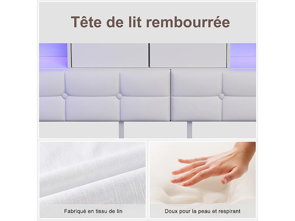 Lit d’angle en forme de L 90 × 200 cm - Cadre de lit de rangement avec LED & station de charge & 2 tiroirs roulants & 2 boîtes de rangement en tissu - blanc