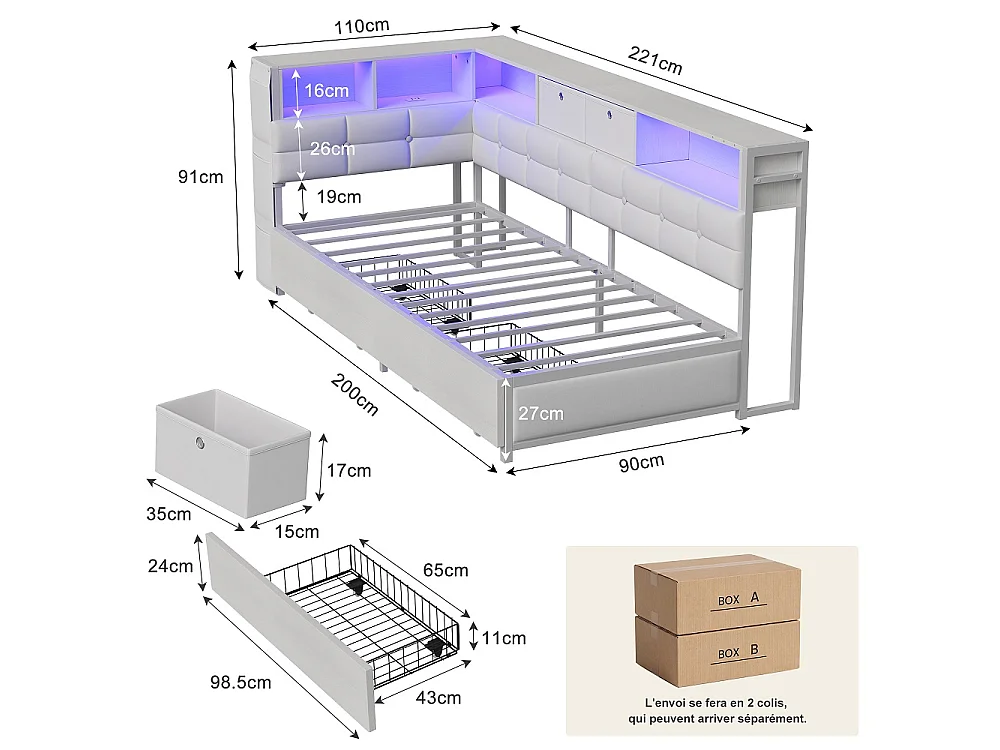 Lit d’angle en forme de L 90 × 200 cm - Cadre de lit de rangement avec LED & station de charge & 2 tiroirs roulants & 2 boîtes de rangement en tissu - blanc