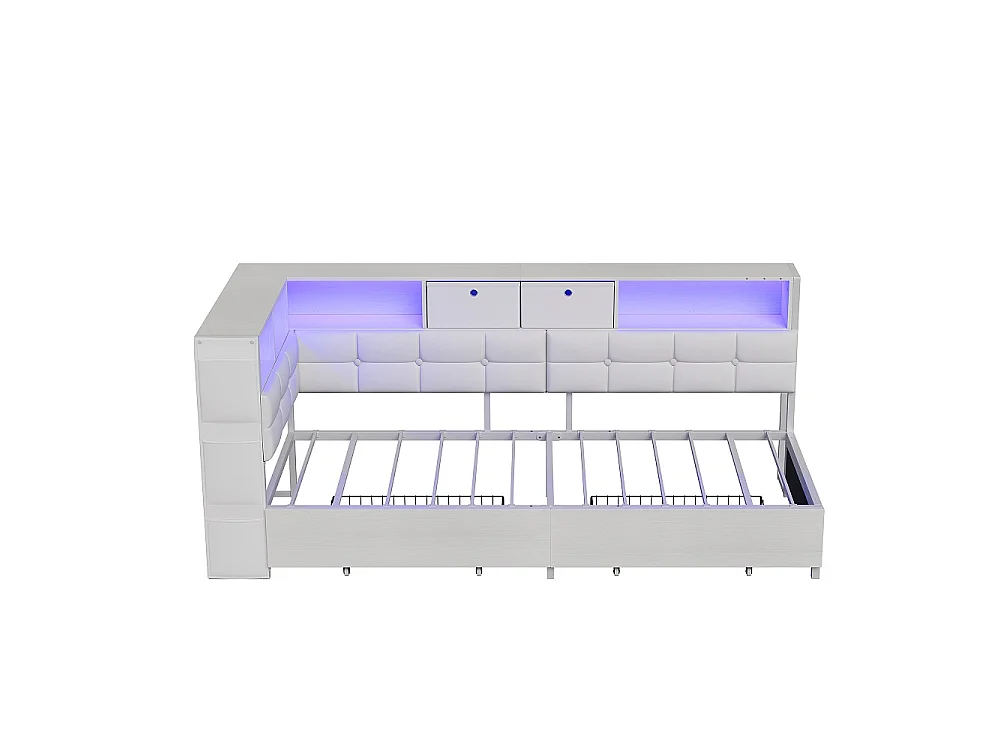 Lit d’angle en forme de L 90 × 200 cm - Cadre de lit de rangement avec LED & station de charge & 2 tiroirs roulants & 2 boîtes de rangement en tissu - blanc
