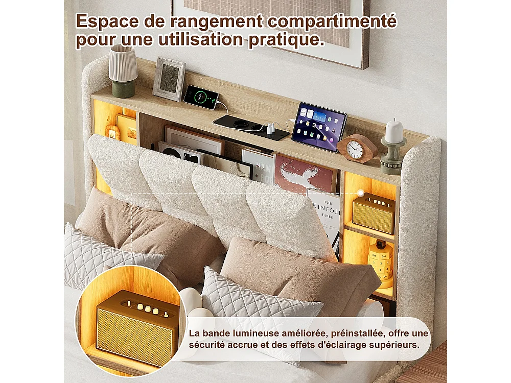 Lit de plateforme rembourré 140 × 190 cm - Lit de stockage hydraulique avec LED, Station de charge et tête de stockage - Lit double en tissu en peluche - beige