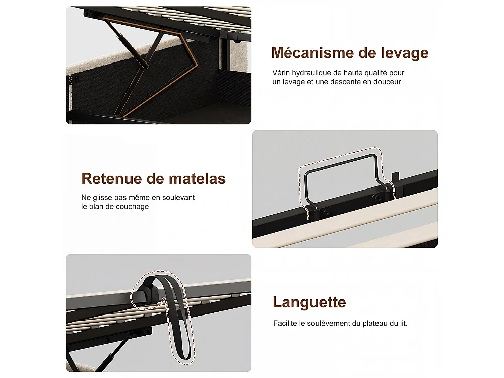 Lit de plateforme rembourré 140 × 190 cm - Lit de stockage hydraulique avec LED, Station de charge et tête de stockage - Lit double en tissu en peluche - beige