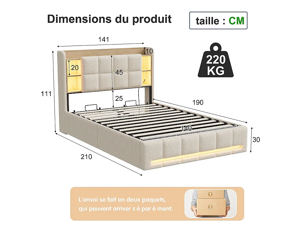 Lit de plateforme rembourré 140 × 190 cm - Lit de stockage hydraulique avec LED, Station de charge et tête de stockage - Lit double en tissu en peluche - beige
