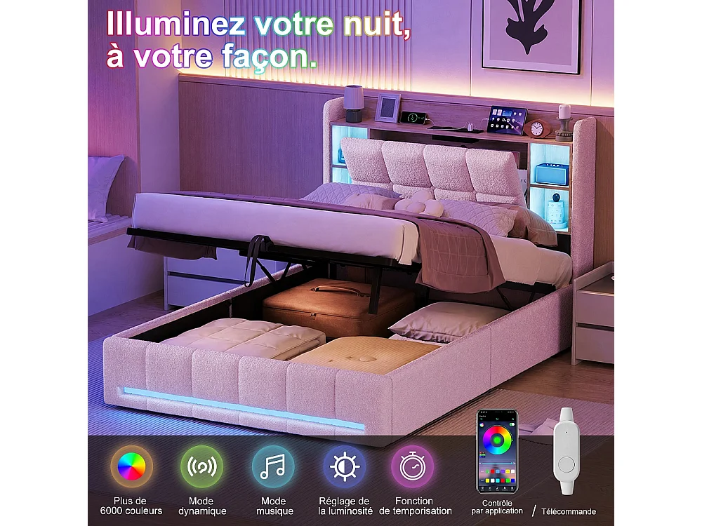 Lit de plateforme rembourré 140 × 200 cm - Lit de stockage hydraulique avec LED, Station de charge et tête de stockage - Lit double en tissu en peluche - beige