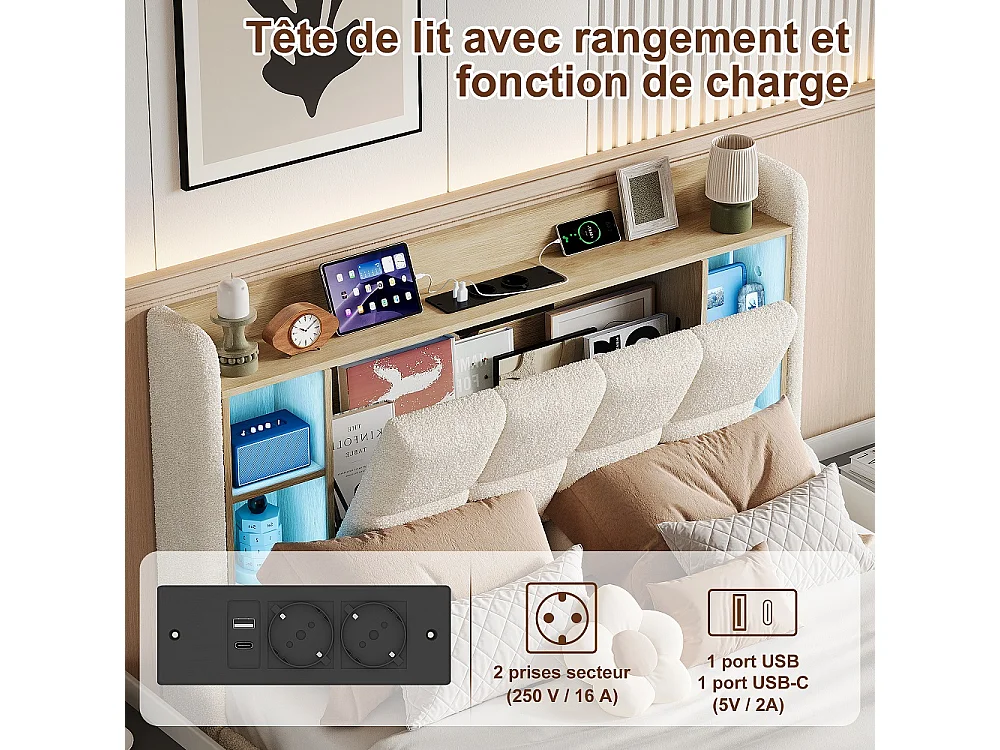 Lit de plateforme rembourré 140 × 200 cm - Lit de stockage hydraulique avec LED, Station de charge et tête de stockage - Lit double en tissu en peluche - beige