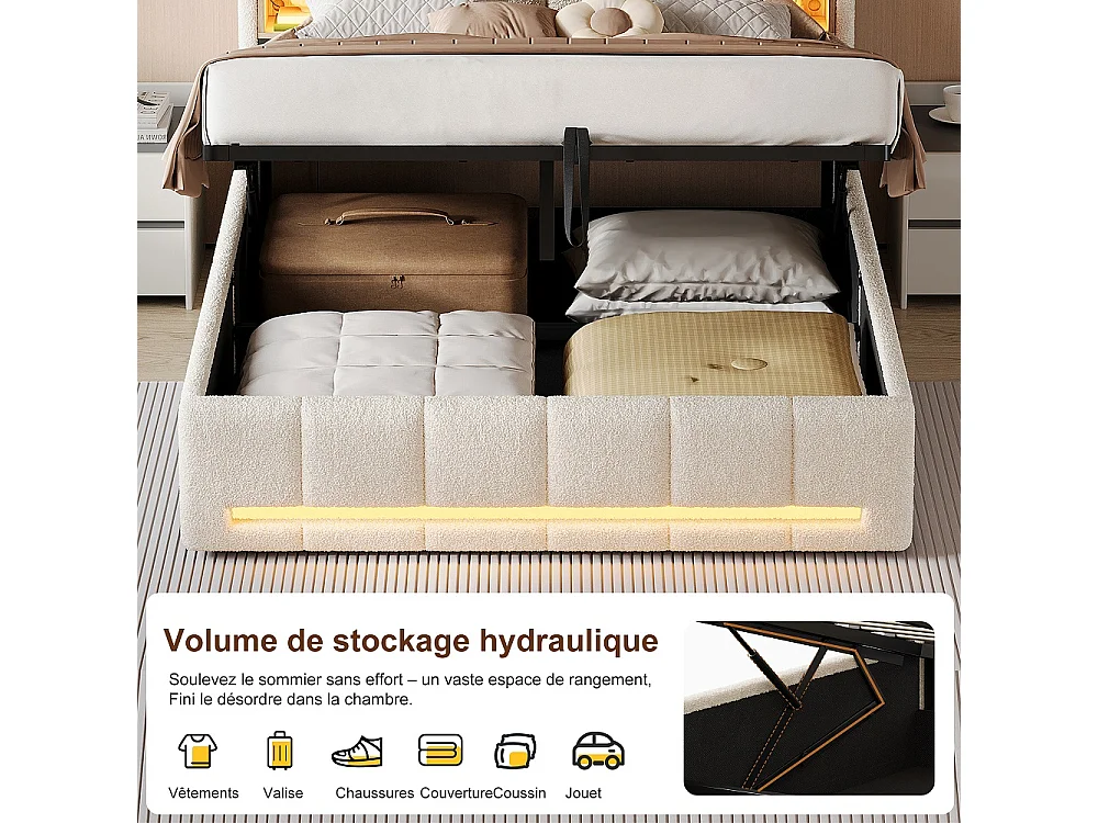 Lit de plateforme rembourré 140 × 200 cm - Lit de stockage hydraulique avec LED, Station de charge et tête de stockage - Lit double en tissu en peluche - beige