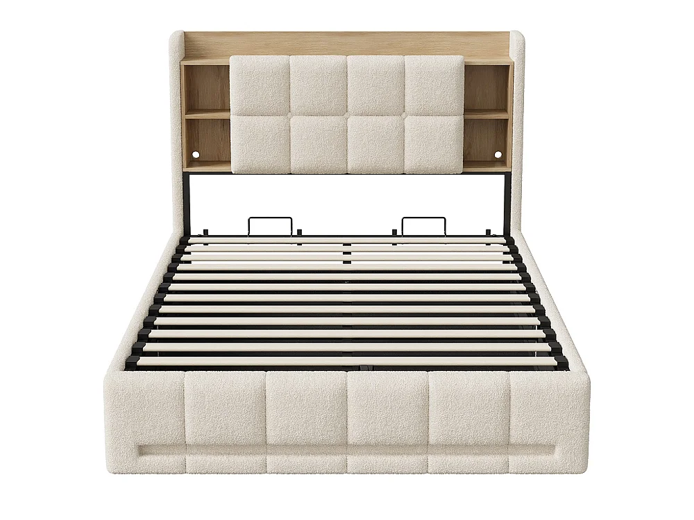 Lit de plateforme rembourré 140 × 200 cm - Lit de stockage hydraulique avec LED, Station de charge et tête de stockage - Lit double en tissu en peluche - beige