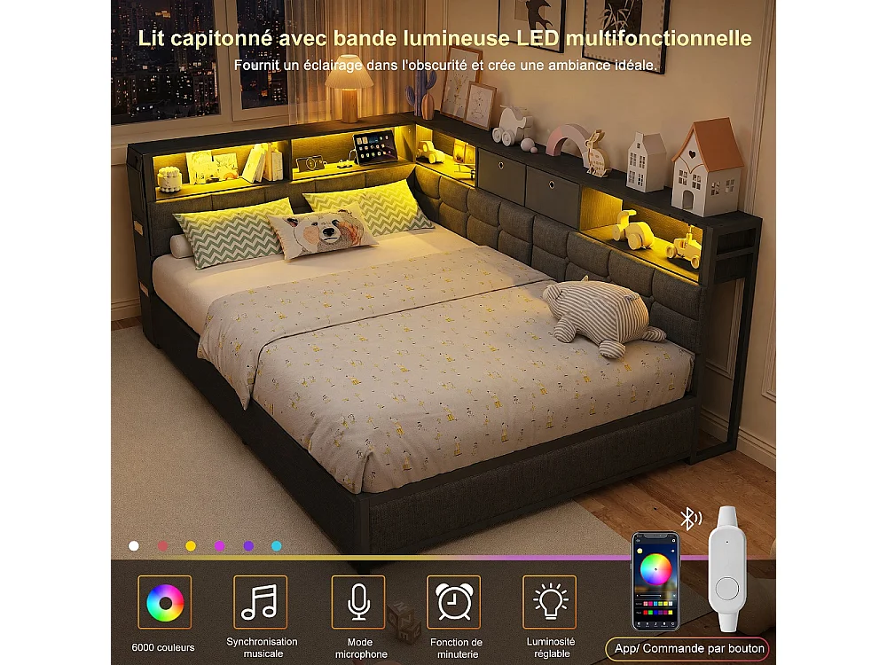 Lit d’angle en forme de L 140 × 200 cm - Cadre de lit de rangement avec LED & station de charge & 2 tiroirs roulants & 2 boîtes de rangement en tissu - gris