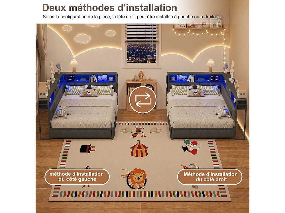 Lit d’angle en forme de L 140 × 200 cm - Cadre de lit de rangement avec LED & station de charge & 2 tiroirs roulants & 2 boîtes de rangement en tissu - gris