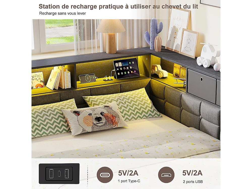 Lit d’angle en forme de L 140 × 200 cm - Cadre de lit de rangement avec LED & station de charge & 2 tiroirs roulants & 2 boîtes de rangement en tissu - gris