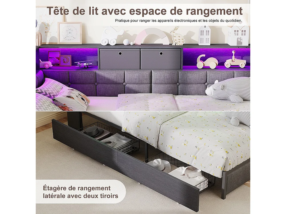 Lit d’angle en forme de L 140 × 200 cm - Cadre de lit de rangement avec LED & station de charge & 2 tiroirs roulants & 2 boîtes de rangement en tissu - gris