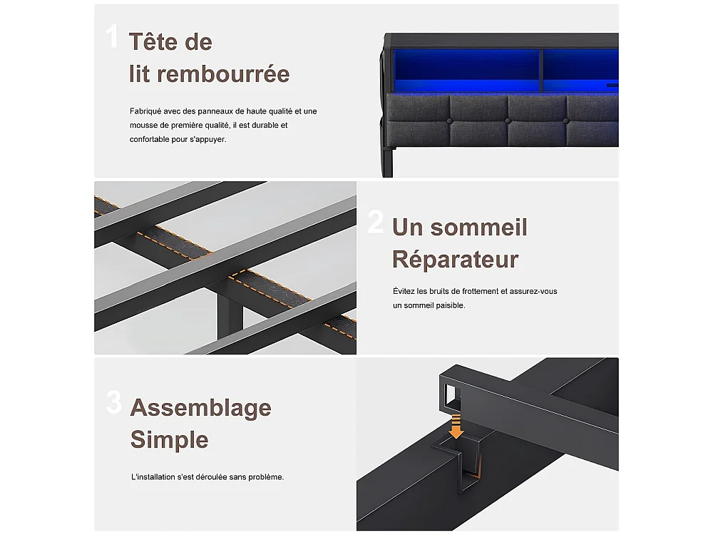 Lit d’angle en forme de L 140 × 200 cm - Cadre de lit de rangement avec LED & station de charge & 2 tiroirs roulants & 2 boîtes de rangement en tissu - gris