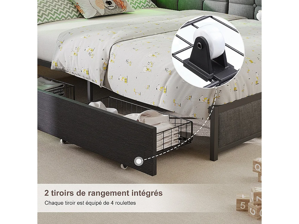 Lit d’angle en forme de L 140 × 200 cm - Cadre de lit de rangement avec LED & station de charge & 2 tiroirs roulants & 2 boîtes de rangement en tissu - gris