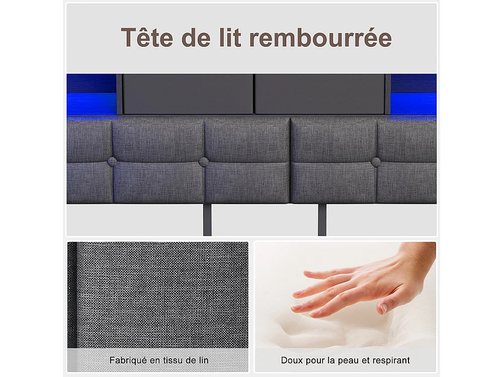 Lit d’angle en forme de L 140 × 200 cm - Cadre de lit de rangement avec LED & station de charge & 2 tiroirs roulants & 2 boîtes de rangement en tissu - gris