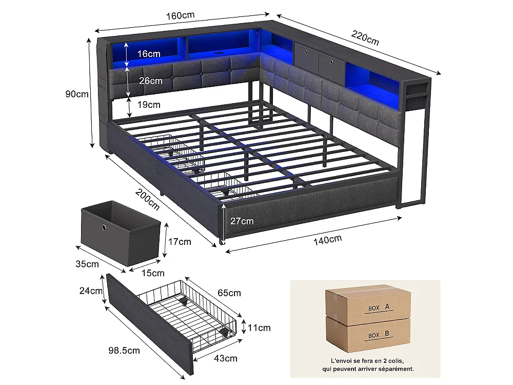Lit d’angle en forme de L 140 × 200 cm - Cadre de lit de rangement avec LED & station de charge & 2 tiroirs roulants & 2 boîtes de rangement en tissu - gris