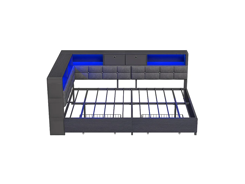 Lit d’angle en forme de L 140 × 200 cm - Cadre de lit de rangement avec LED & station de charge & 2 tiroirs roulants & 2 boîtes de rangement en tissu - gris