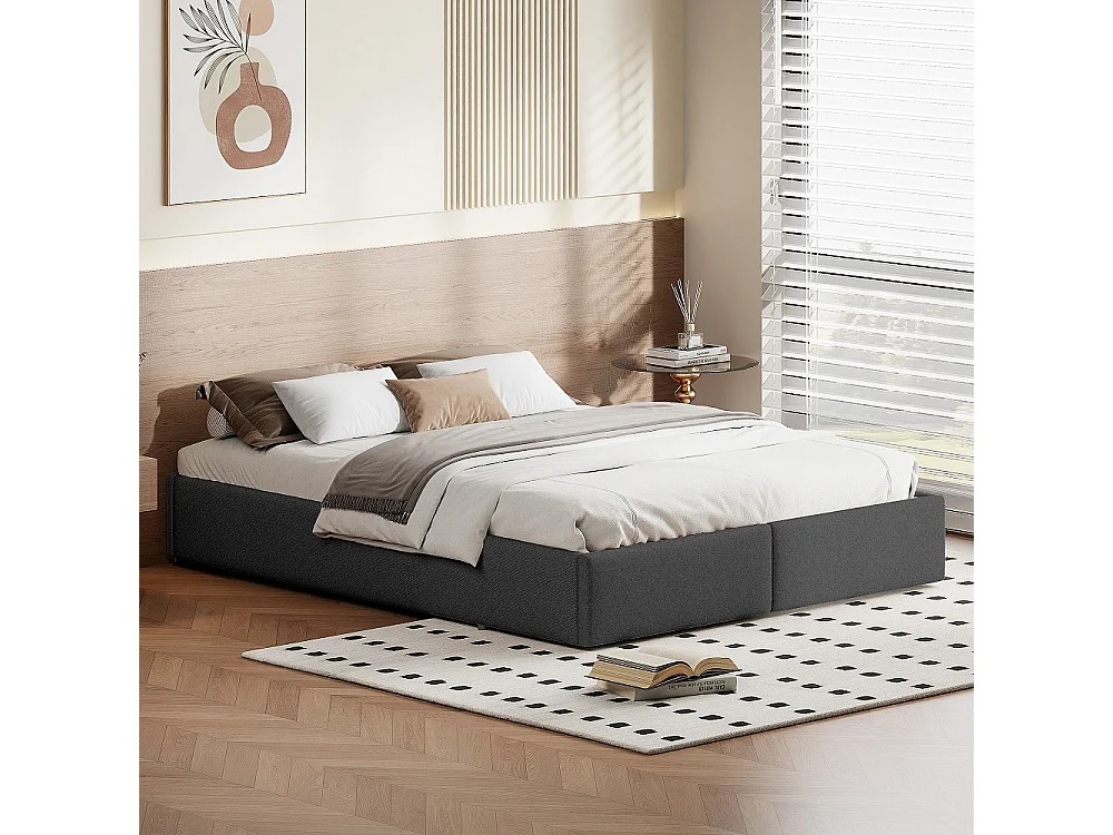 Cadre de lit de rangement rembourré 160×200 cm - Lit ottoman sans tête - Lit double ascenseur hydraulique avec 2 tiroirs latéraux - Linge de maison - Gris foncé