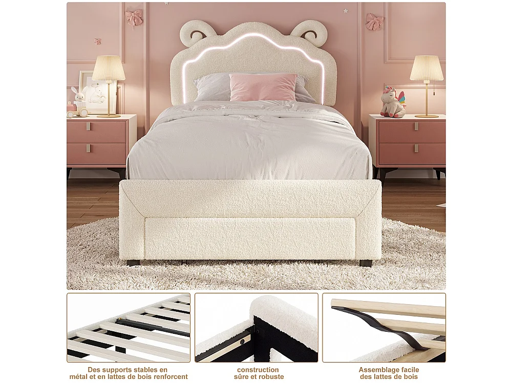 Lit rembourré à oreille de mouton mignon 90 × 200 cm - Lit en peluche avec LED et tête réglable et tiroir de rangement roulant - Cadre de lit pour enfants - Beige