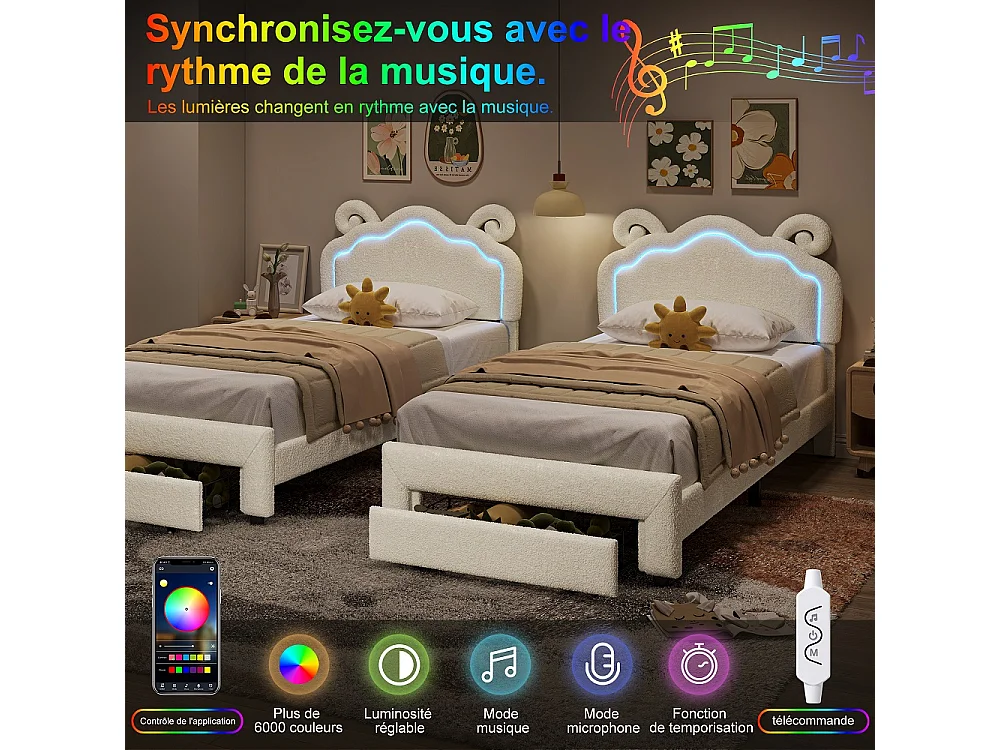 Lit rembourré à oreille de mouton mignon 90 × 200 cm - Lit en peluche avec LED et tête réglable et tiroir de rangement roulant - Cadre de lit pour enfants - Beige