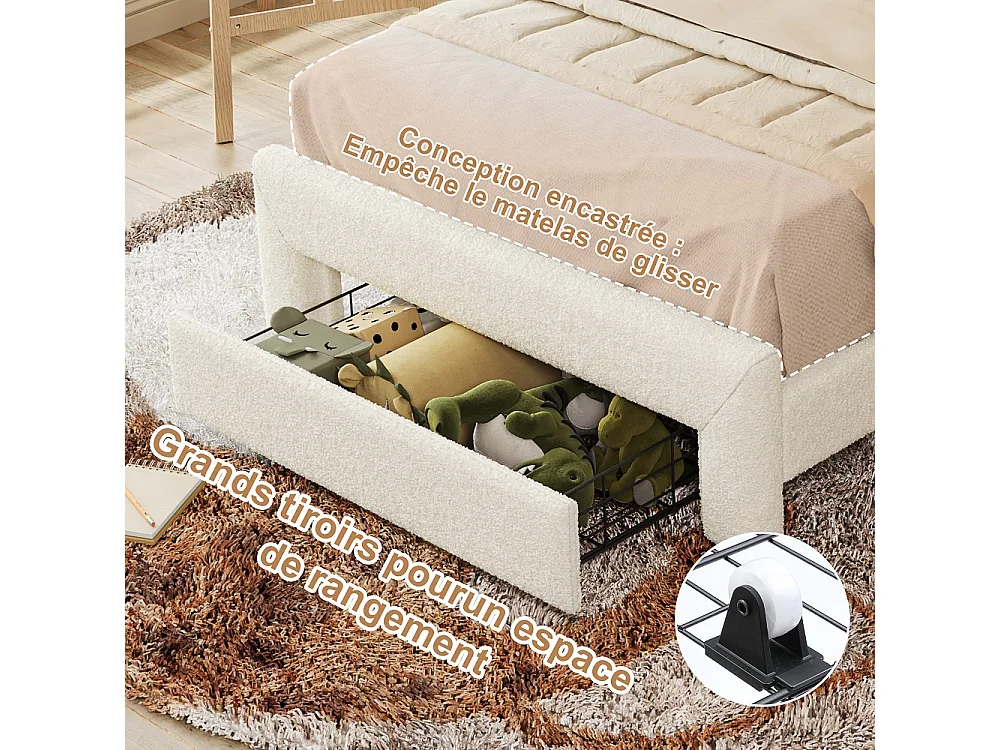Lit rembourré à oreille de mouton mignon 90 × 200 cm - Lit en peluche avec LED et tête réglable et tiroir de rangement roulant - Cadre de lit pour enfants - Beige