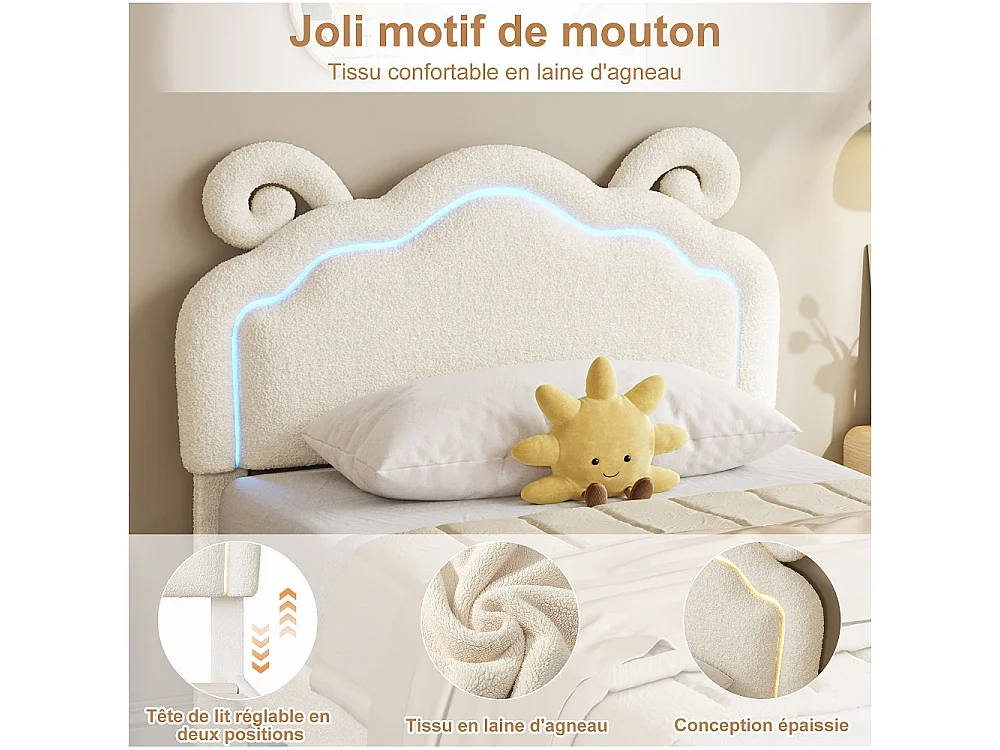 Lit rembourré à oreille de mouton mignon 90 × 200 cm - Lit en peluche avec LED et tête réglable et tiroir de rangement roulant - Cadre de lit pour enfants - Beige