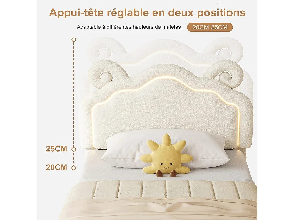Lit rembourré à oreille de mouton mignon 90 × 200 cm - Lit en peluche avec LED et tête réglable et tiroir de rangement roulant - Cadre de lit pour enfants - Beige