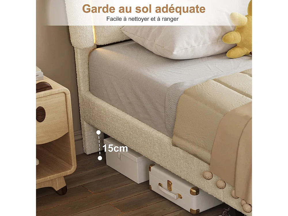 Lit rembourré à oreille de mouton mignon 90 × 200 cm - Lit en peluche avec LED et tête réglable et tiroir de rangement roulant - Cadre de lit pour enfants - Beige