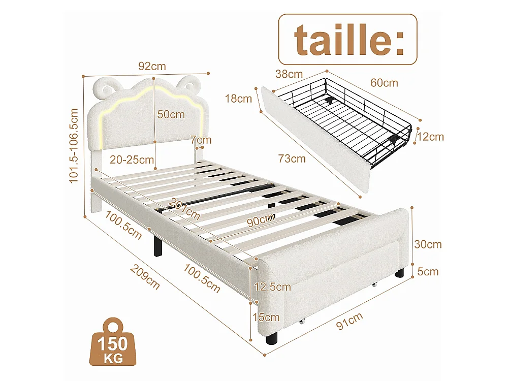 Lit rembourré à oreille de mouton mignon 90 × 200 cm - Lit en peluche avec LED et tête réglable et tiroir de rangement roulant - Cadre de lit pour enfants - Beige