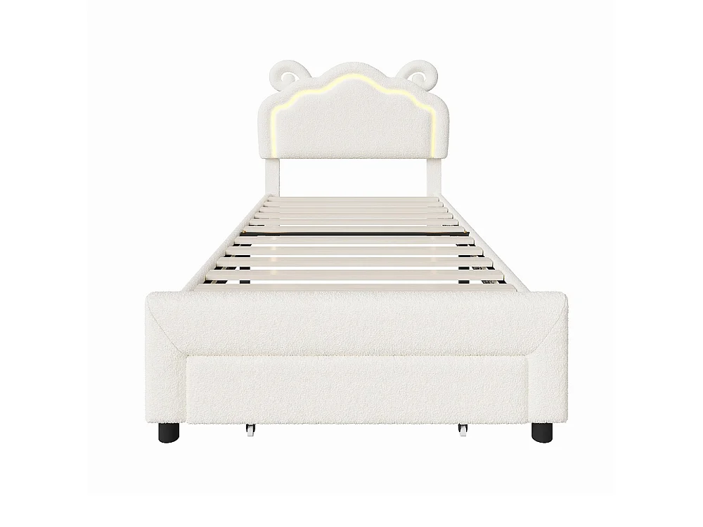 Lit rembourré à oreille de mouton mignon 90 × 200 cm - Lit en peluche avec LED et tête réglable et tiroir de rangement roulant - Cadre de lit pour enfants - Beige