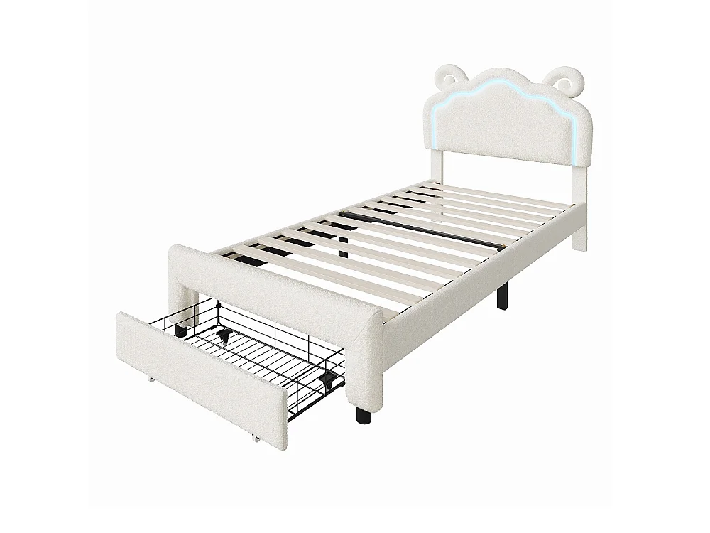 Lit rembourré à oreille de mouton mignon 90 × 200 cm - Lit en peluche avec LED et tête réglable et tiroir de rangement roulant - Cadre de lit pour enfants - Beige