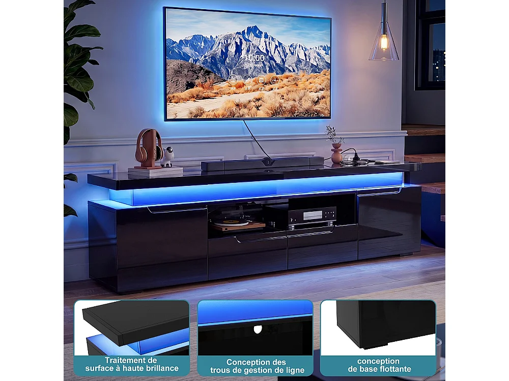 Stand de télévision LED avec prise d'alimentation - Centre de divertissement haut brillant 180cm avec armoires de stockage et tiroirs, console média - noir
