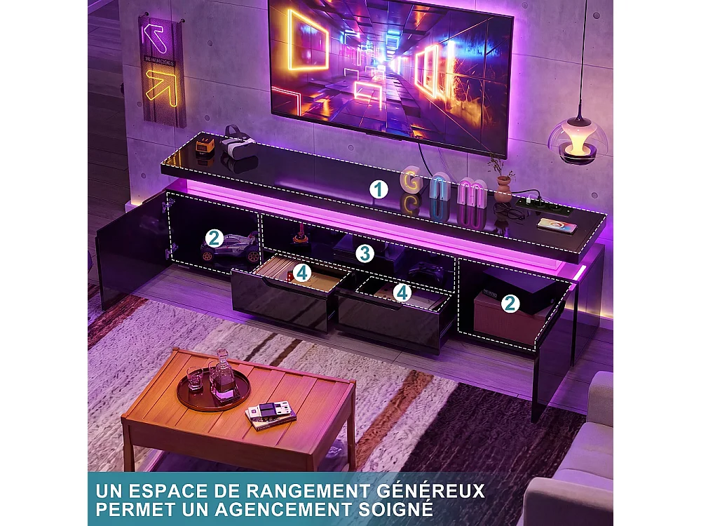 Stand de télévision LED avec prise d'alimentation - Centre de divertissement haut brillant 180cm avec armoires de stockage et tiroirs, console média - noir