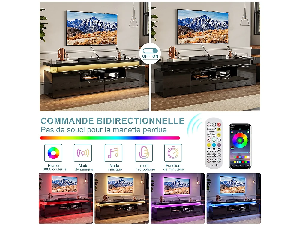 Stand de télévision LED avec prise d'alimentation - Centre de divertissement haut brillant 180cm avec armoires de stockage et tiroirs, console média - noir