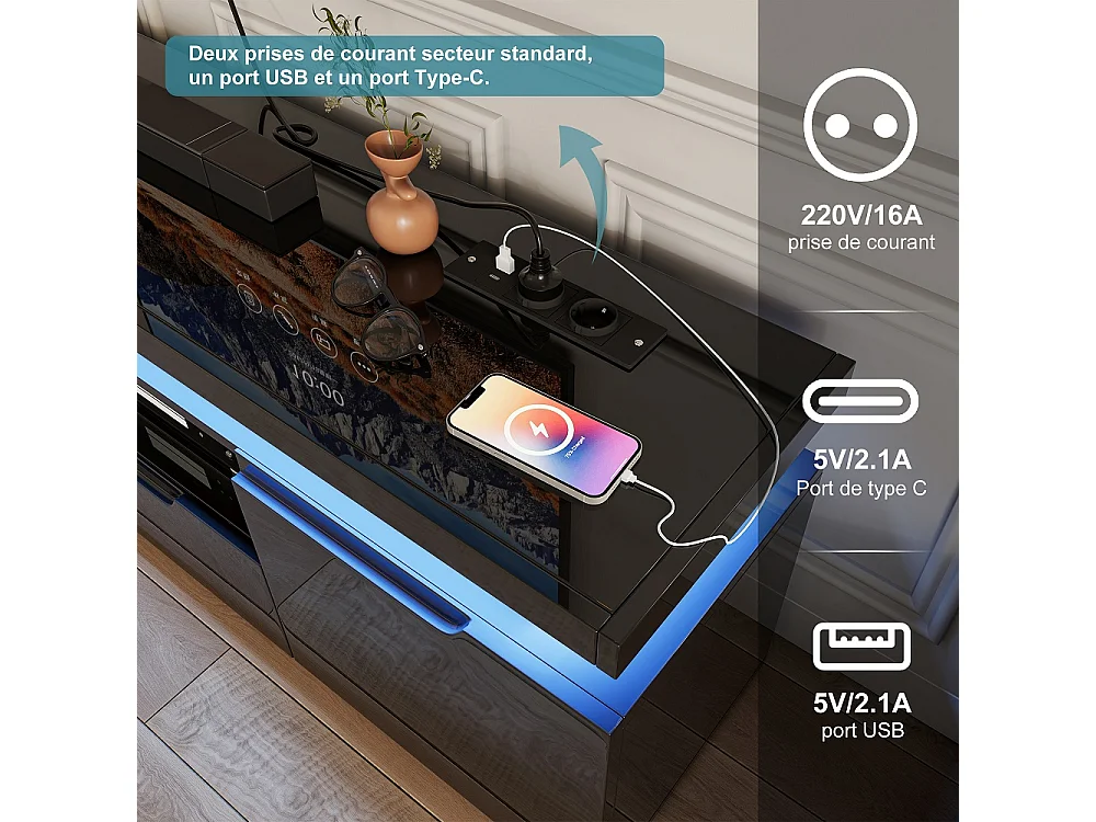 Stand de télévision LED avec prise d'alimentation - Centre de divertissement haut brillant 180cm avec armoires de stockage et tiroirs, console média - noir