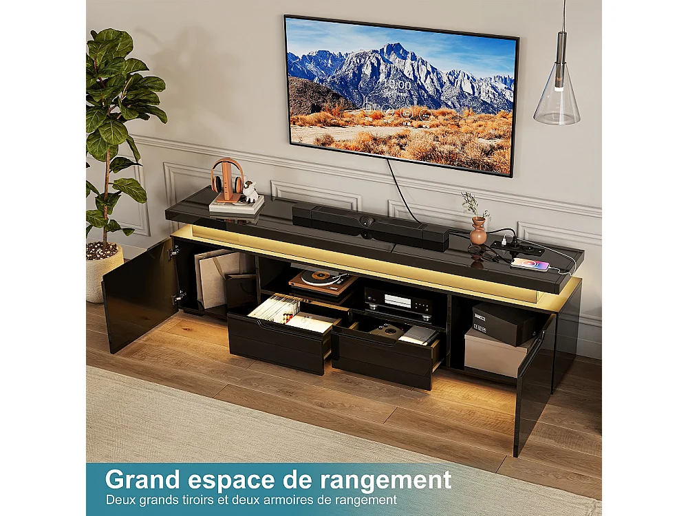 Stand de télévision LED avec prise d'alimentation - Centre de divertissement haut brillant 180cm avec armoires de stockage et tiroirs, console média - noir