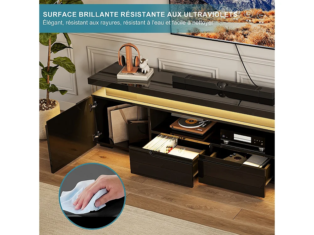 Stand de télévision LED avec prise d'alimentation - Centre de divertissement haut brillant 180cm avec armoires de stockage et tiroirs, console média - noir