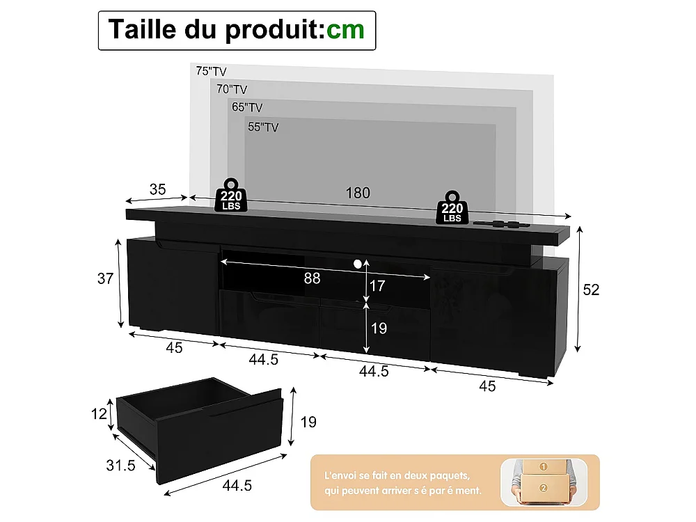 Stand de télévision LED avec prise d'alimentation - Centre de divertissement haut brillant 180cm avec armoires de stockage et tiroirs, console média - noir